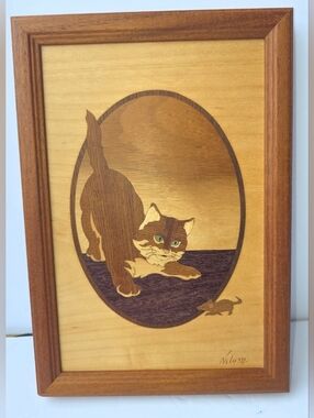 Vintage Hudson River Inlay "A Better Mousetrap" Blue Eyed Kitty Wood Wall Art